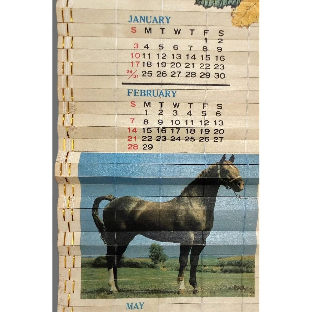 Vintage 1988-1989 Bamboo Slatted Double-Sided HORSE Calendar Roll 31.5